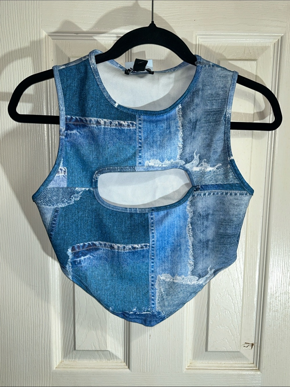 Shape Blue Denim Print Cutout Crop Top Patchwork